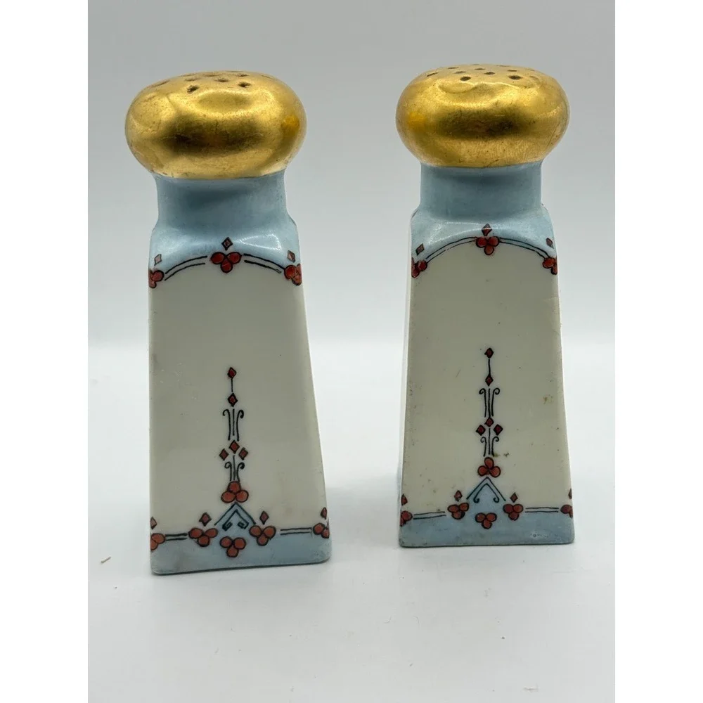 Vintage Porcelain Salt Pepper Shakers Gold Top Floral Art Deco Cottage Farmhouse